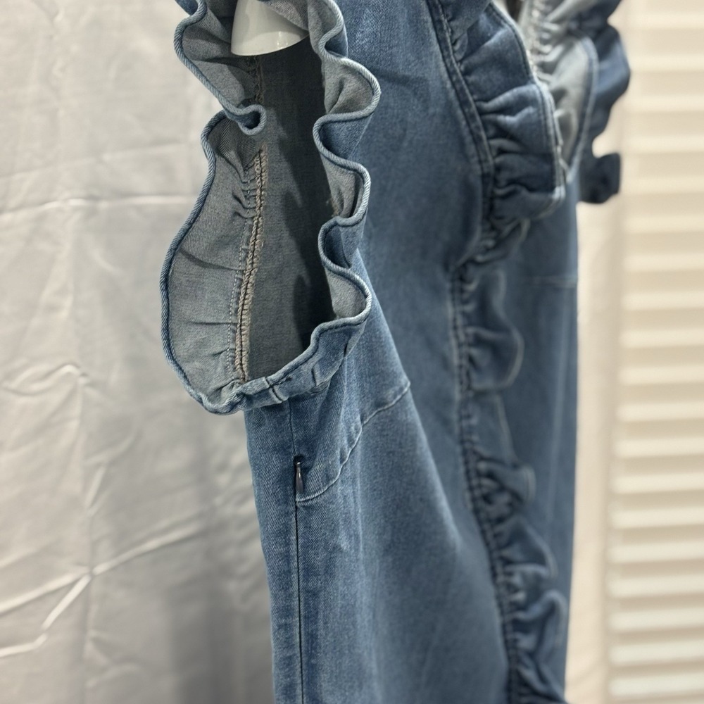 Cherry Betty Ruffled Denim Dress Blue V-Neck Midi Sleeveless Retro 90s Size S 4 - Picture 5 of 11